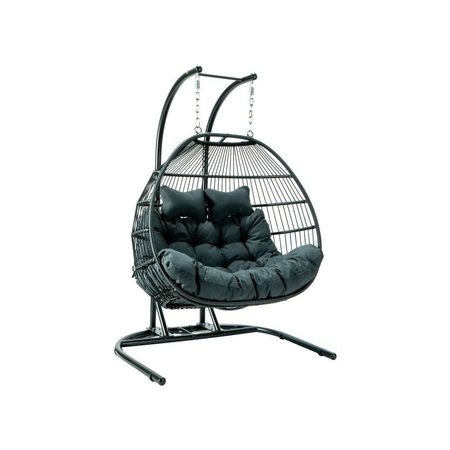 LEISUREMOD Wicker 2 Person Double Folding Hanging Egg Swing Chair with Charcoal Cushions ESCF52CH
